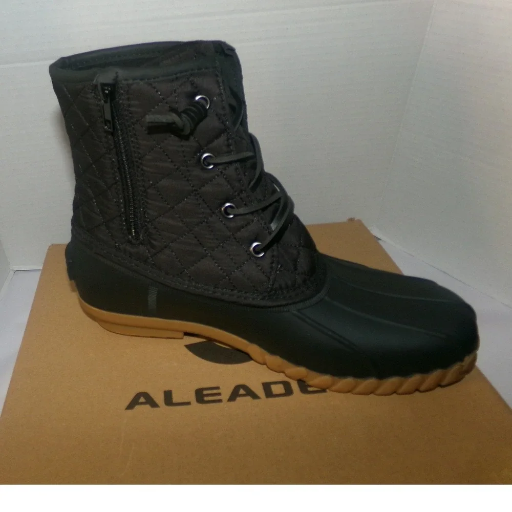 ALEADER‎ Womens Black Quilted Waterproof Duck Boots Side Zip Lace Up Ankle